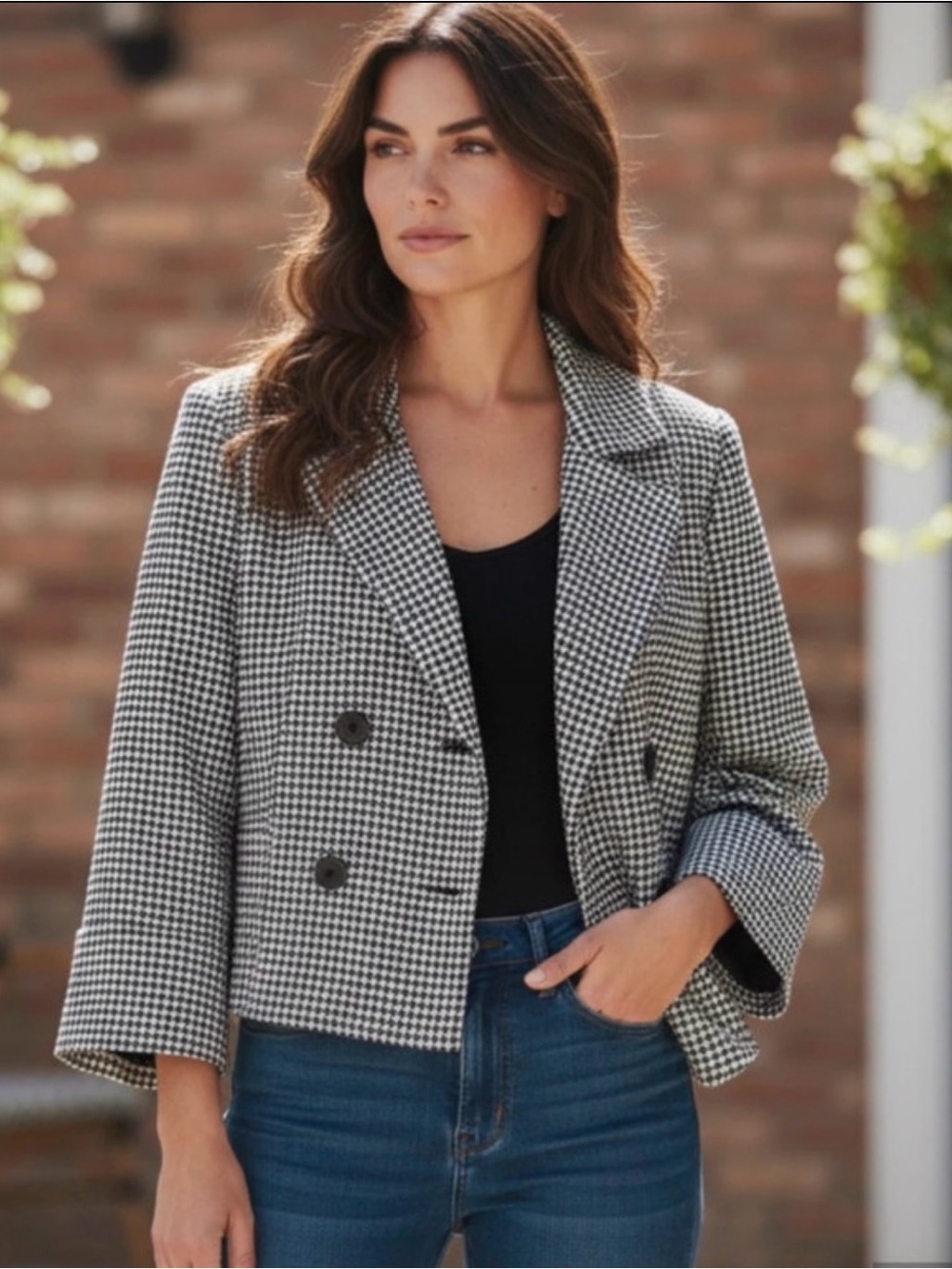 Black Houndstooth Double-Breasted Cropped Blazer by Black